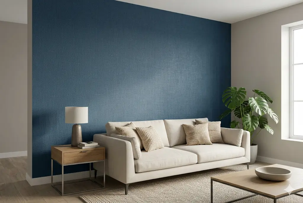 Modernes Wohnzimmer mit dunkelblauer Strukturtapete und beigem Sofa
