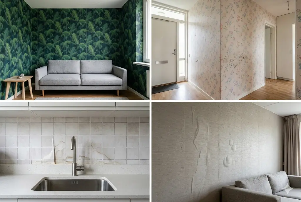 Vierteilige Collage, die schwere Mängel an Tapeten und Wänden zeigt, darunter Peeling, Blasenbildung und Wasserschäden